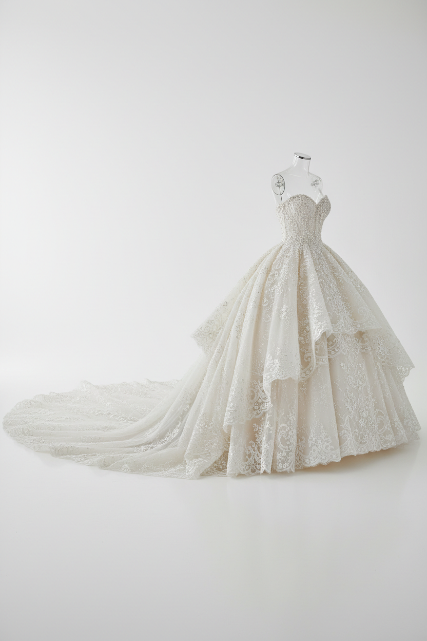 Robe de mariée princesse luxueuse en soie ivoire avec broderies de perles et traîne cathédrale