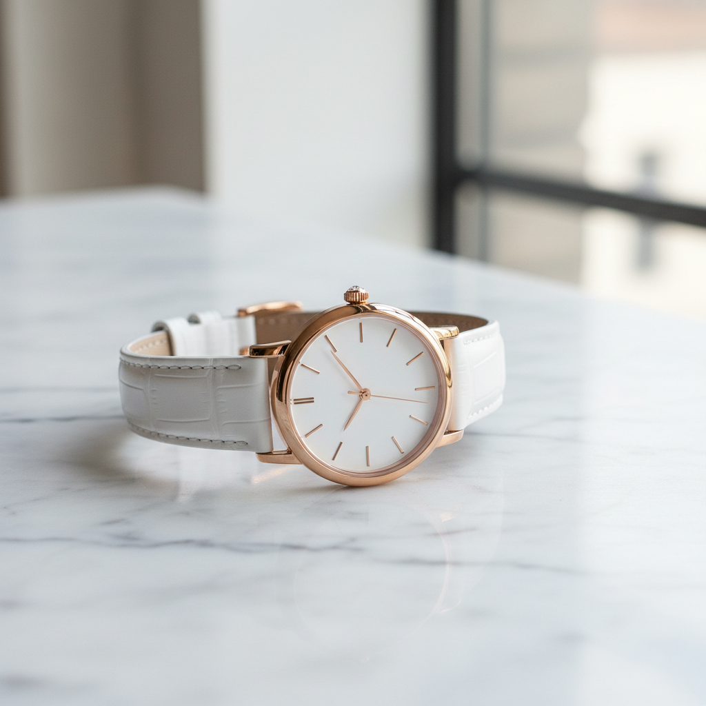Montre femme élégante en or rose avec bracelet cuir blanc