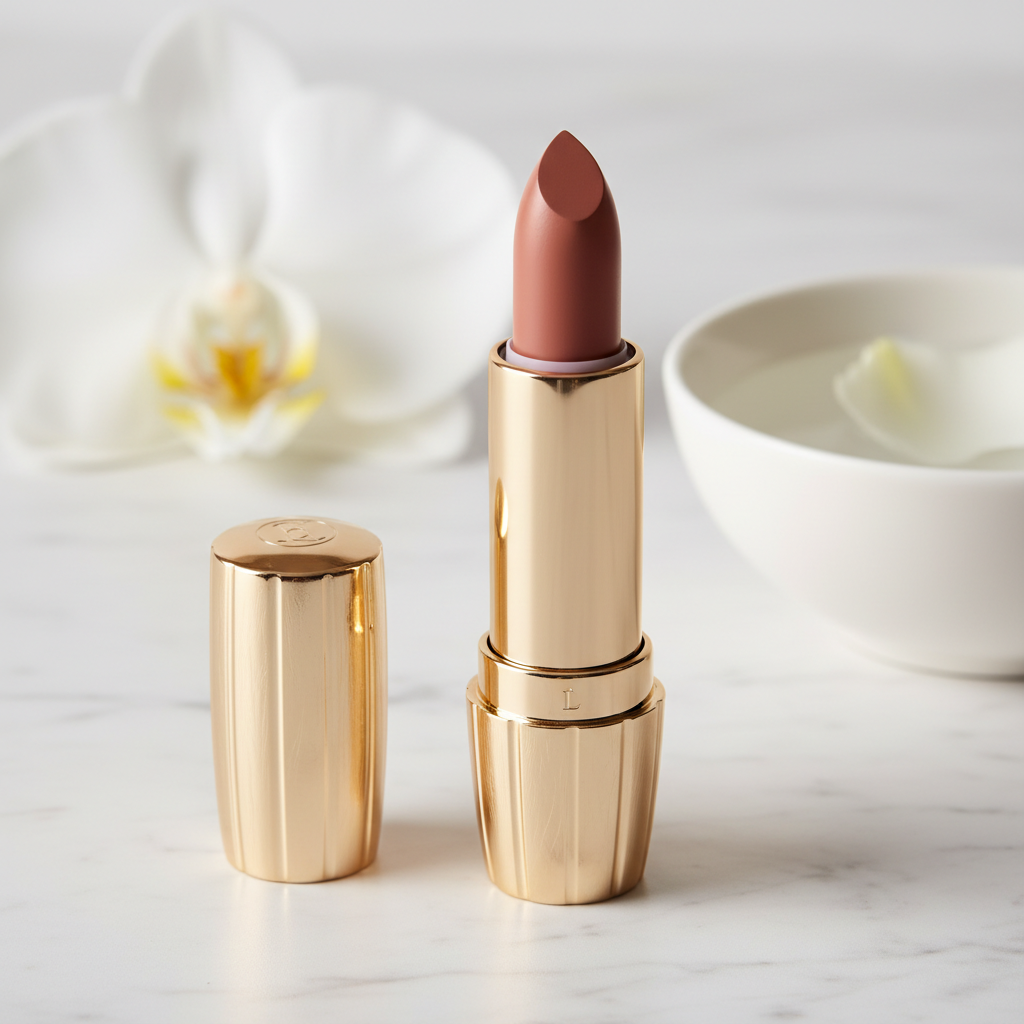 Rouge à lèvres luxueux satiné dans étui métal doré premium