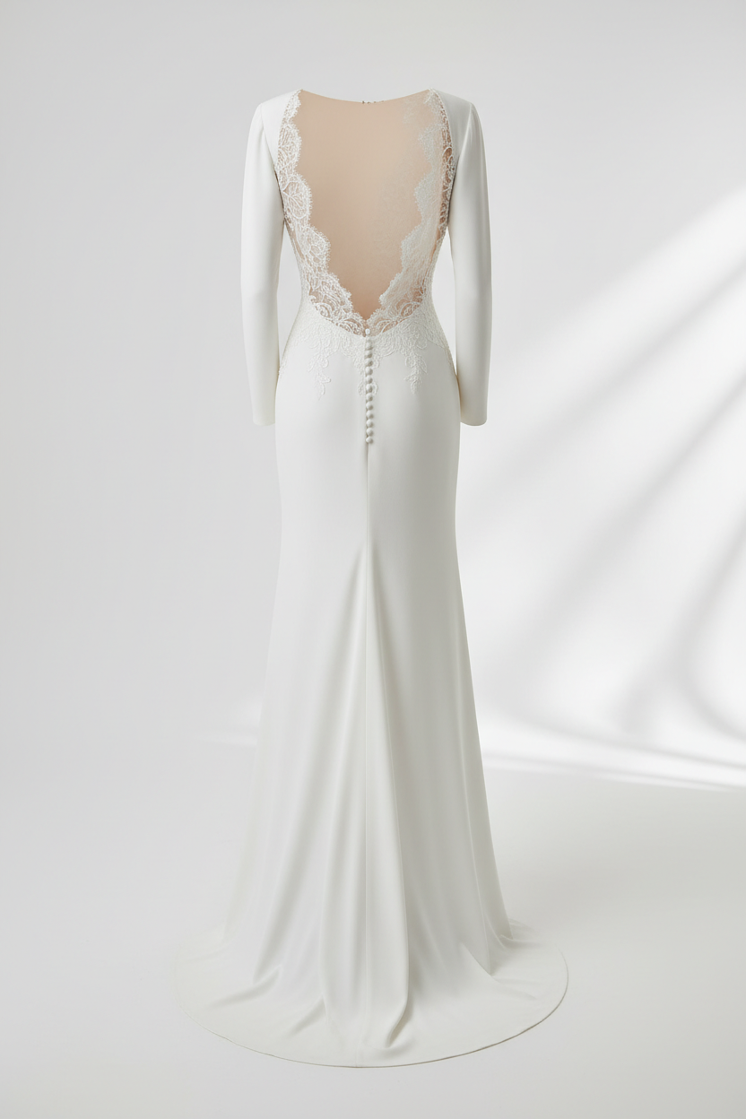 Robe de mariée dos nu luxueuse en crêpe de soie avec boutons nacre et traîne