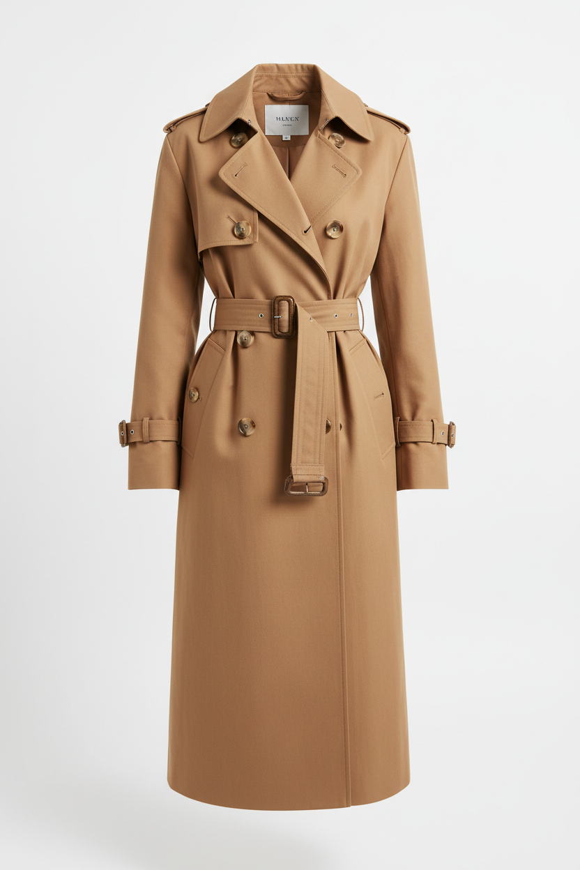 Trench-coat luxueux pour femme en gabardine premium, double boutonnage et ceinture dorée