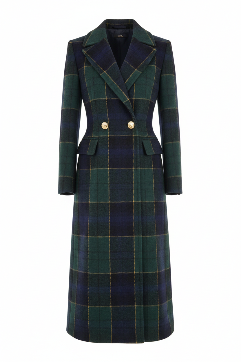 Manteau tartan luxueux pour femme en laine écossaise premium, coupe taillée élégante