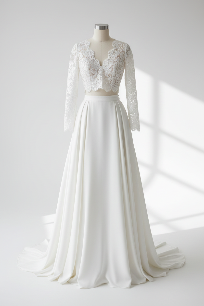 Robe de mariée deux pièces luxueuse top crop dentelle et jupe soie volumineuse