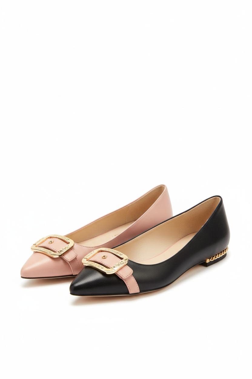 Ballerines luxueuses pour femme en cuir souple premium, bout pointu avec détail doré