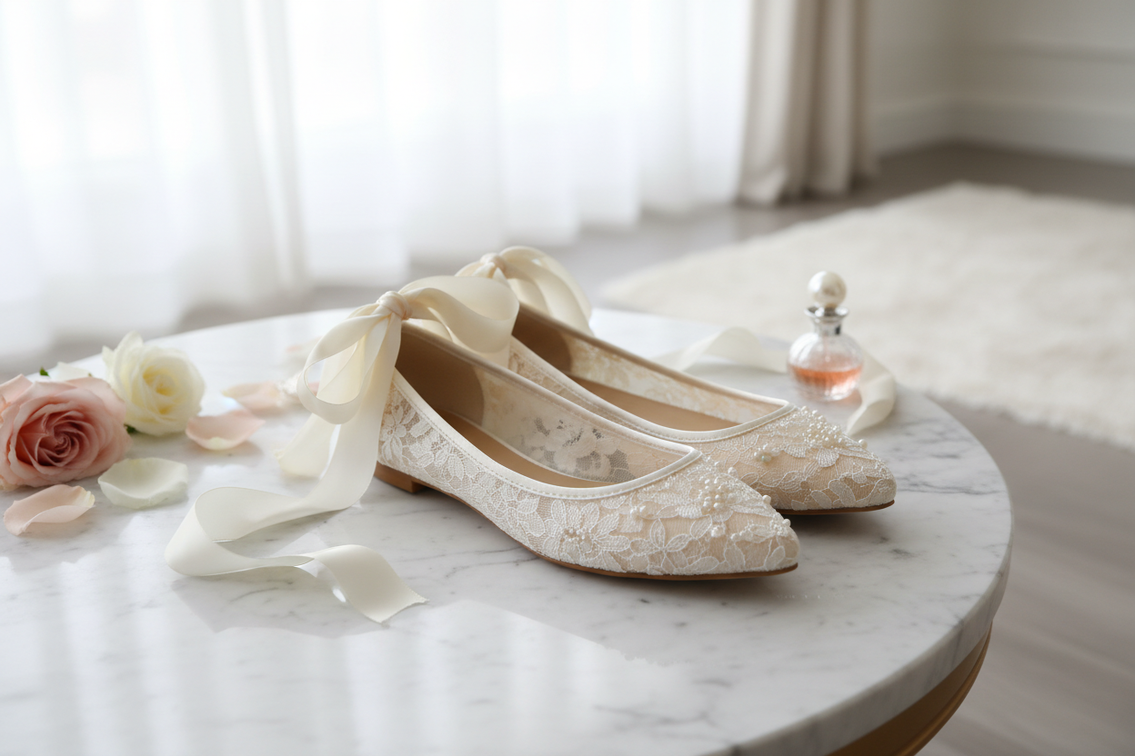Ballerines de mariée luxueuses en dentelle de Calais et satin ivoire avec ruban cheville