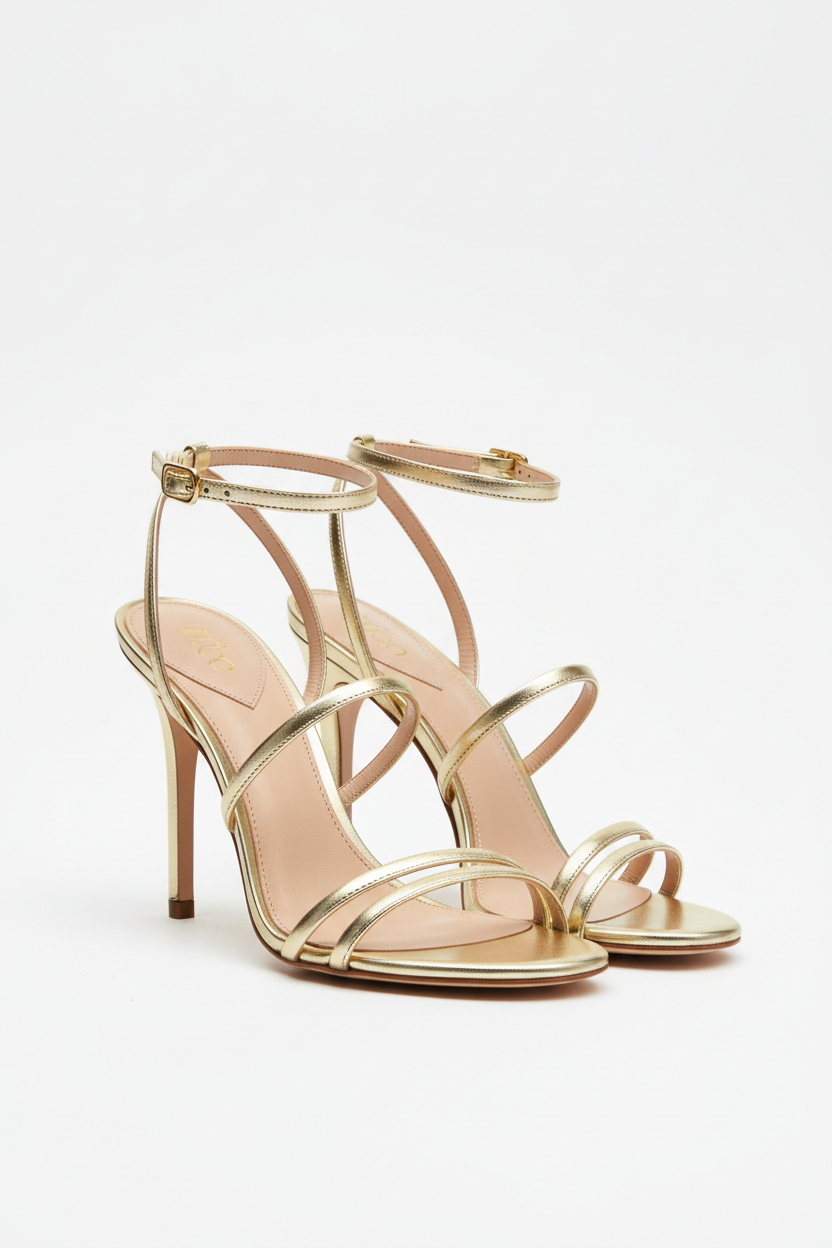 Sandales luxueuses à talon aiguille pour femme, cuir doré premium avec brides fines