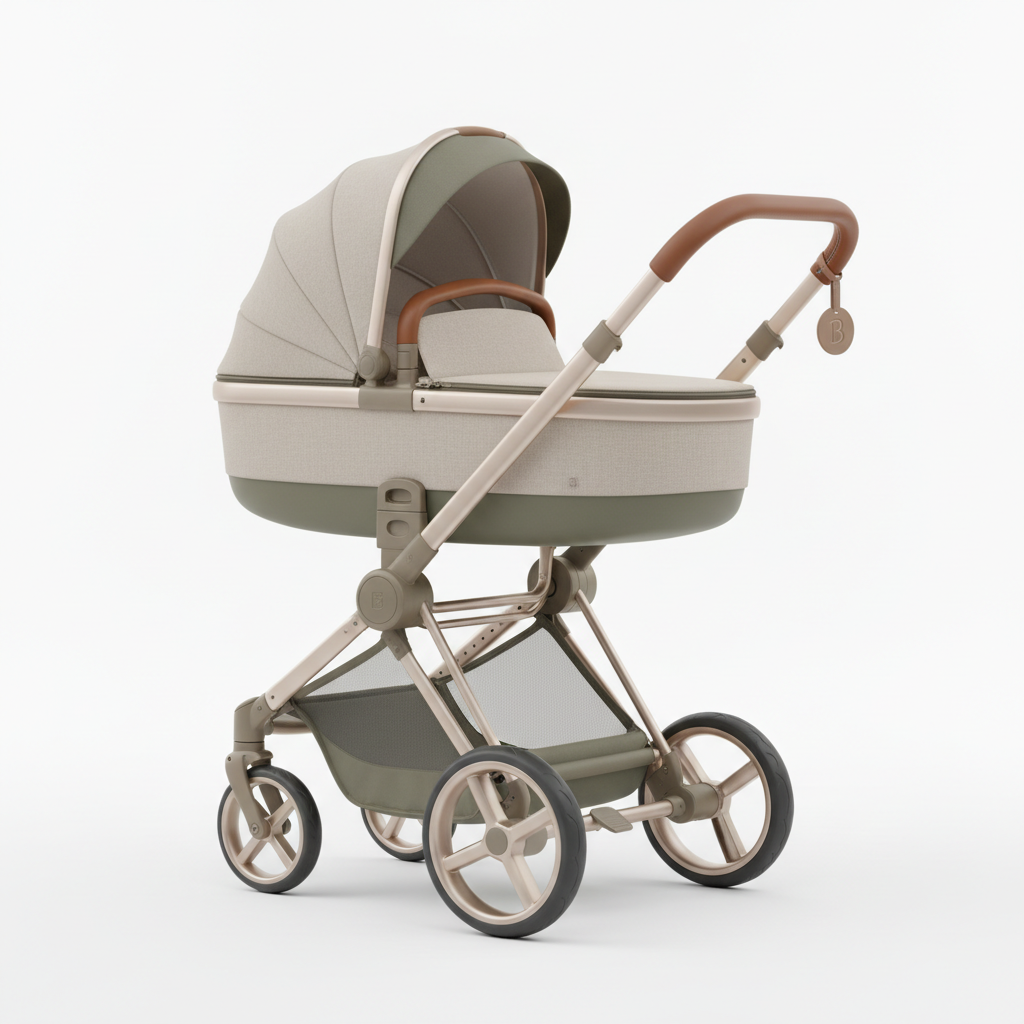 Poussette bébé moderne et élégante en tons neutres