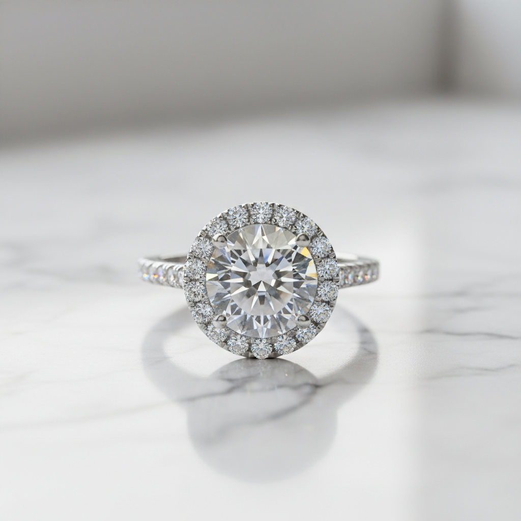 Bague de fiançailles halo zircon luxe sur marbre blanc