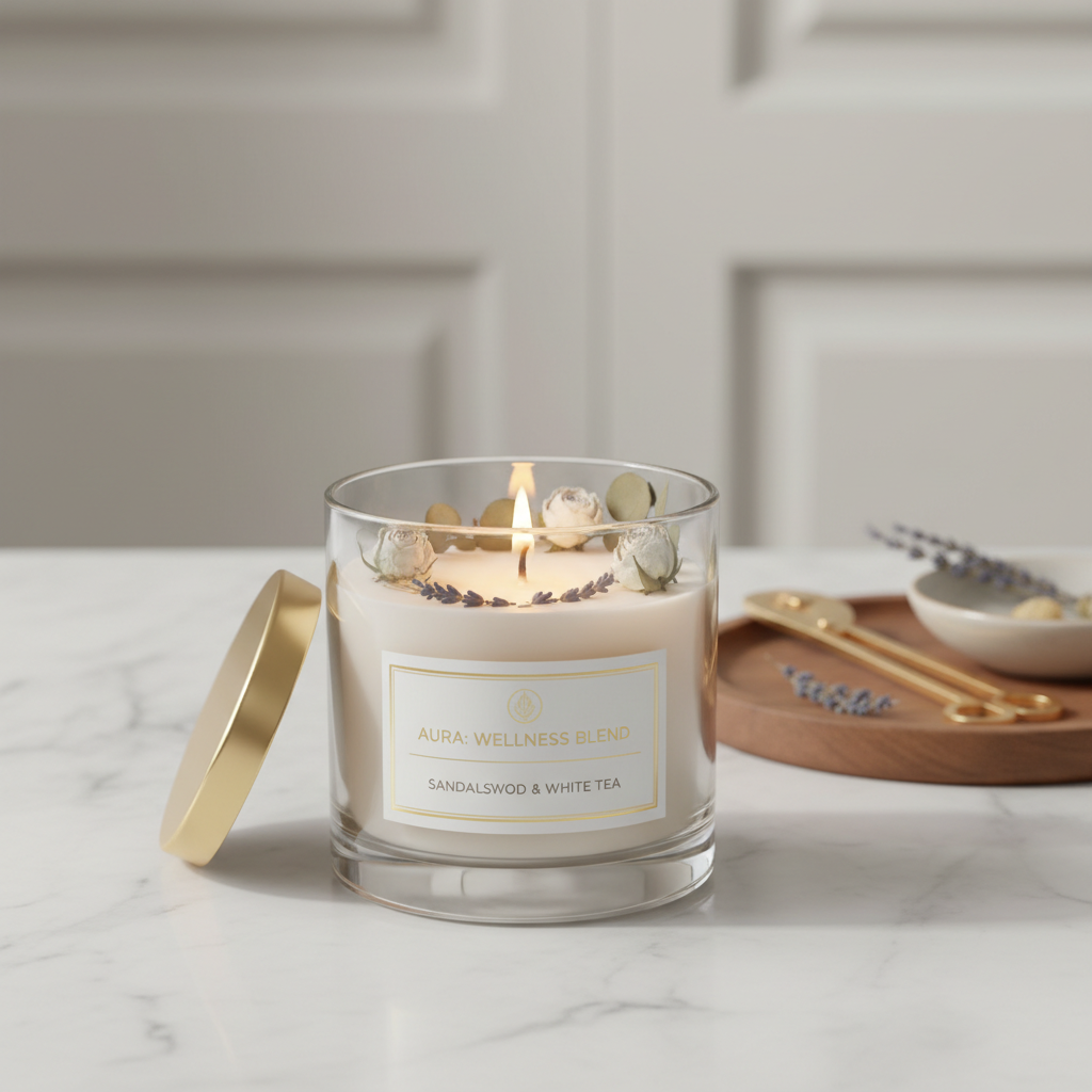 Bougie parfumée luxueuse dans verre élégant avec fleurs séchées sur marbre