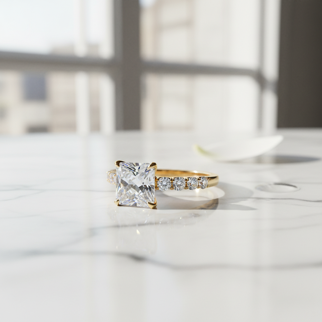 Bague de fiançailles royale cristal Swarovski sur marbre blanc