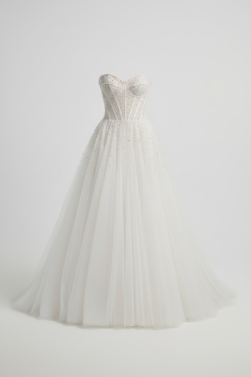 Robe de mariée bustier luxueuse avec corset satin cristaux et jupe tulle volumineuse