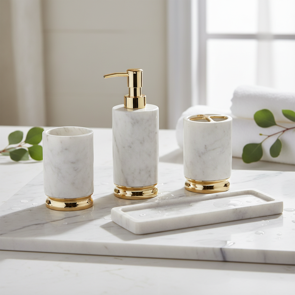 Set Distributeurs Salle de Bain Marbre Doré - Mavero