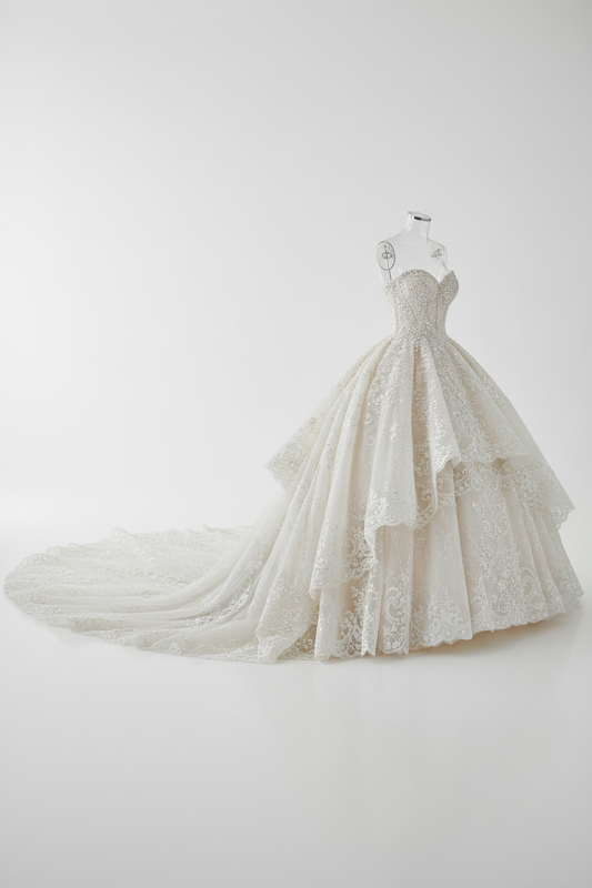 Robe de mariée princesse luxueuse en soie ivoire avec broderies de perles et traîne cathédrale