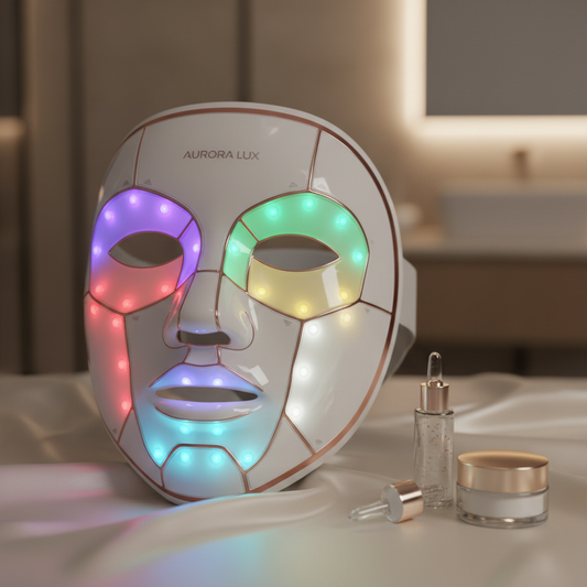 Gros plan masque LED montrant technologie 7 couleurs lumières