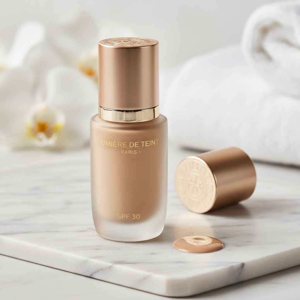 Fond de teint luxueux longue tenue en flacon verre premium avec pompe dorée
