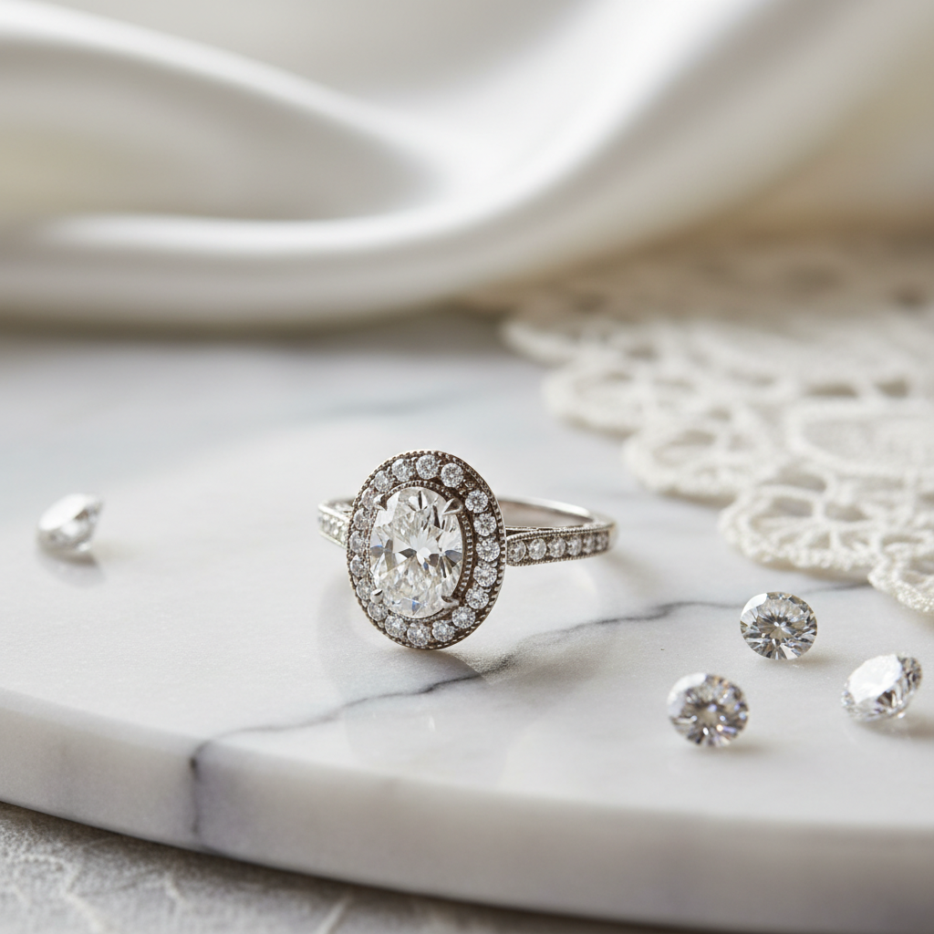 Bague de fiançailles halo vintage avec diamants