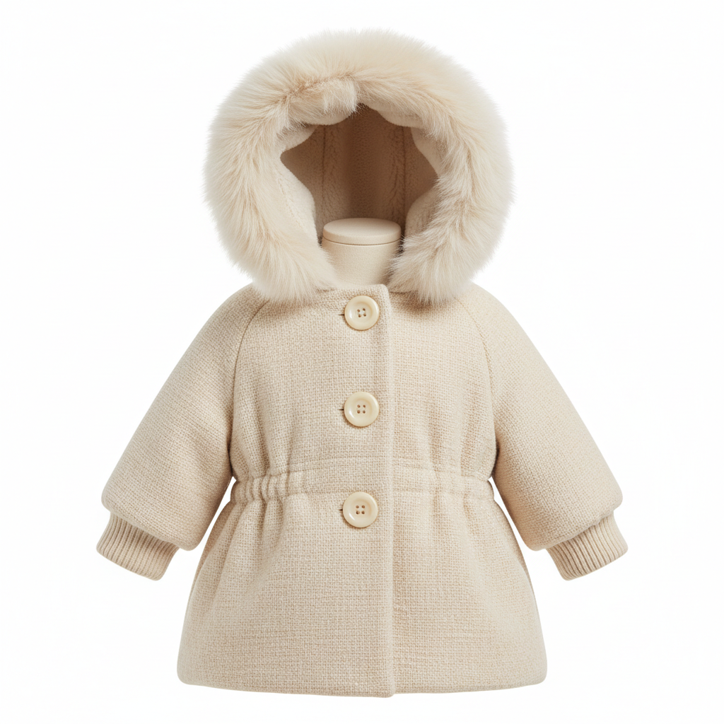 Manteau d'hiver bébé crème avec capuche en tissu premium