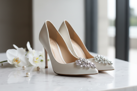 Escarpins de mariée luxueux en satin ivoire nacré avec talon aiguille et ornement perle