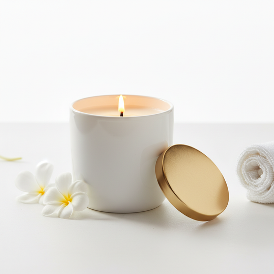 Bougie parfumée de luxe en pot céramique blanc avec couvercle doré