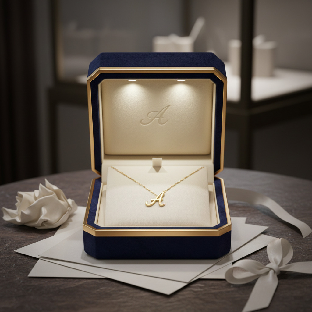 Écrin de luxe avec collier initiale or 14K personnalisé