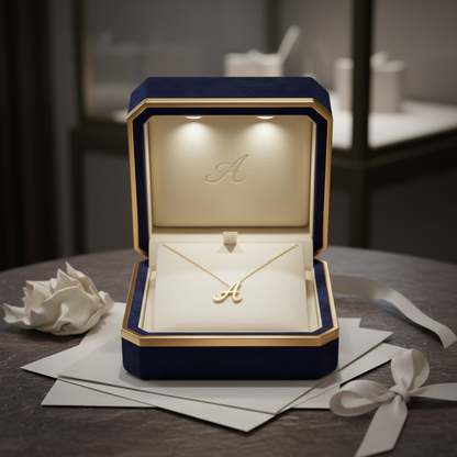 Écrin de luxe avec collier initiale or 14K personnalisé