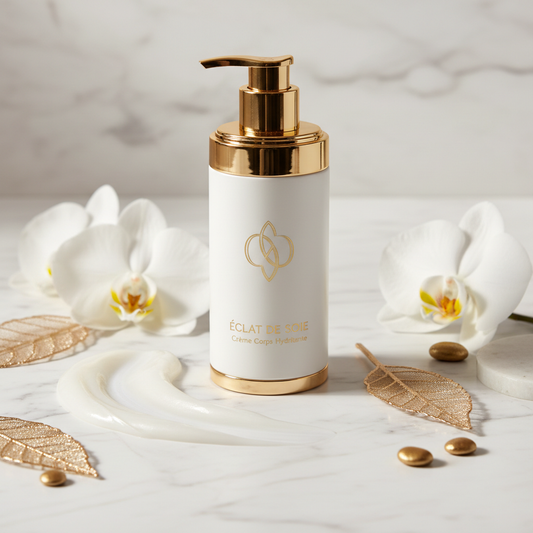 Lotion corps luxueuse lait de soie en flacon pompe verre premium blanc et or