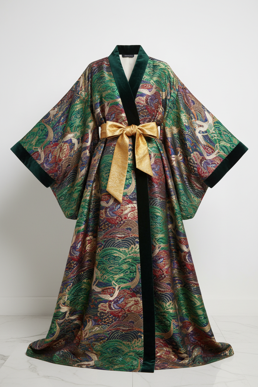 Manteau kimono luxueux pour femme en soie brocartée avec ceinture obi