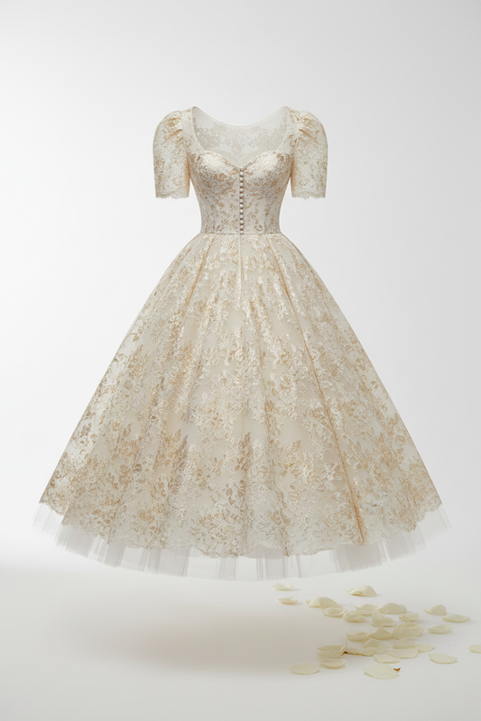 Robe de mariée vintage luxueuse en dentelle de Venise style années 50 avec boutons perle