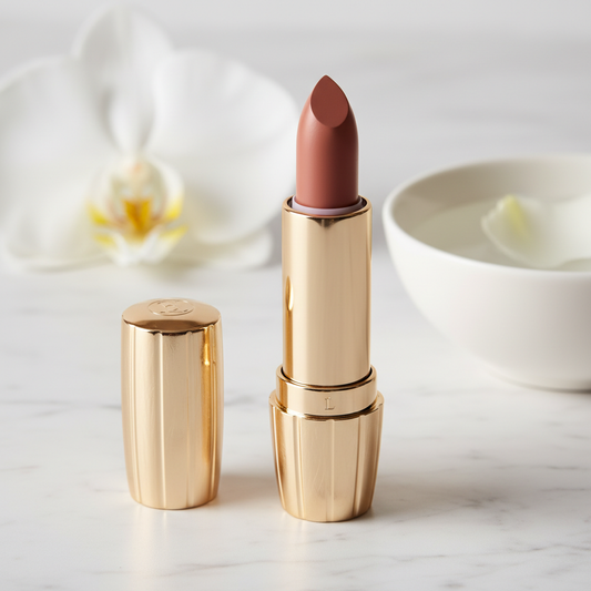 Rouge à lèvres luxueux satiné dans étui métal doré premium