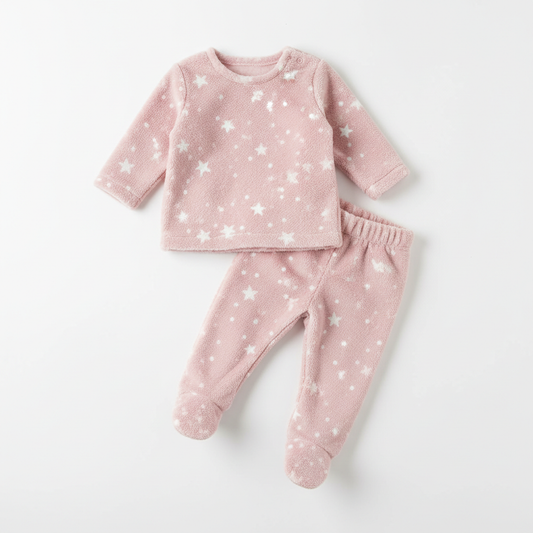 Pyjama bébé rose avec motif étoiles en polaire douce