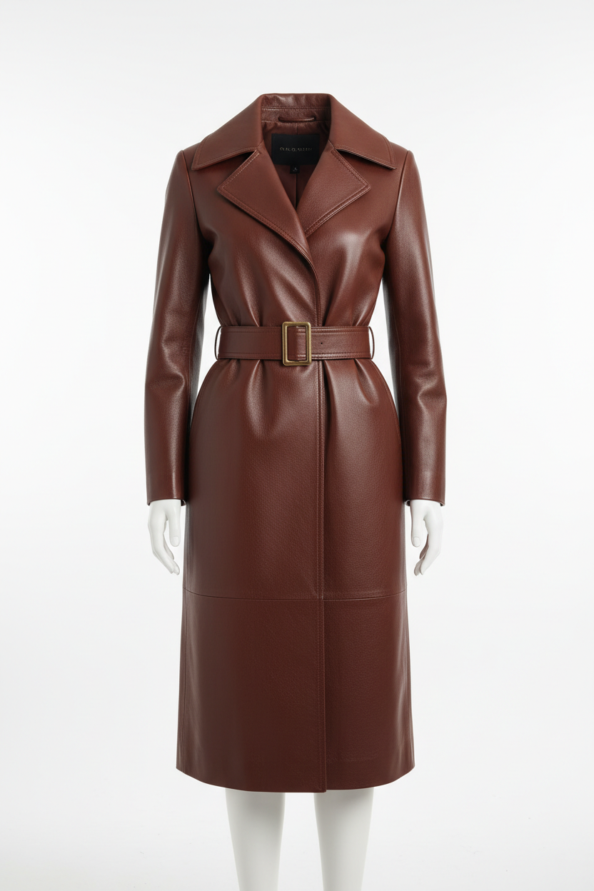 Manteau luxueux en cuir véritable pour femme, coupe cinée avec ceinture assortie