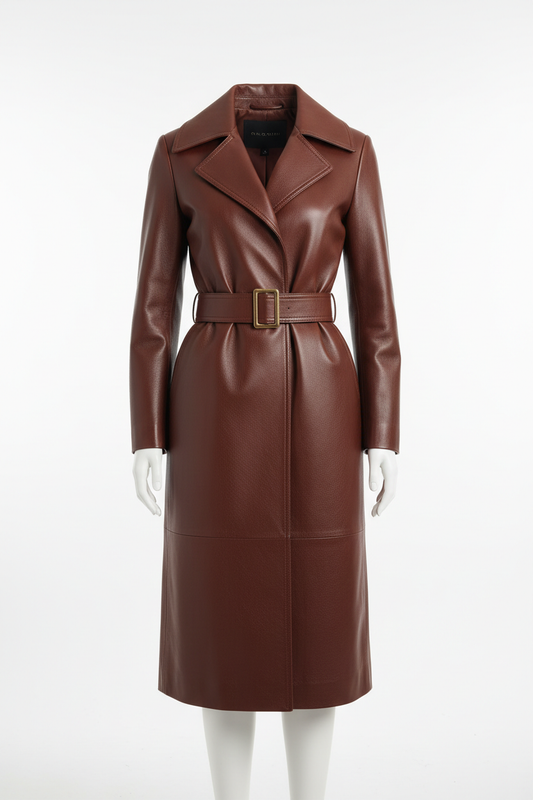 Manteau luxueux en cuir véritable pour femme, coupe cinée avec ceinture assortie