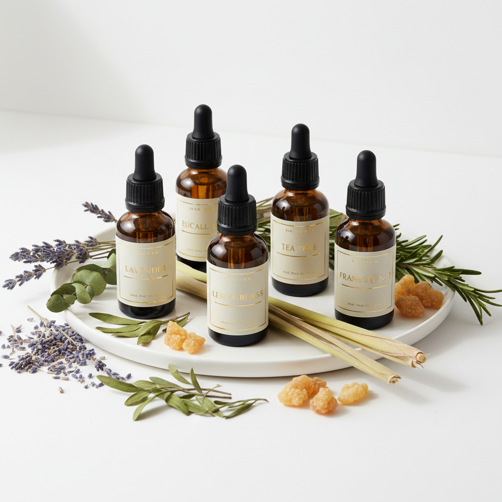 Set de 6 huiles essentielles en flacons verre ambré avec plantes botaniques