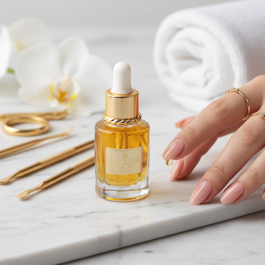 Huile cuticules luxueuse rose et vitamine E en flacon compte-gouttes verre doré