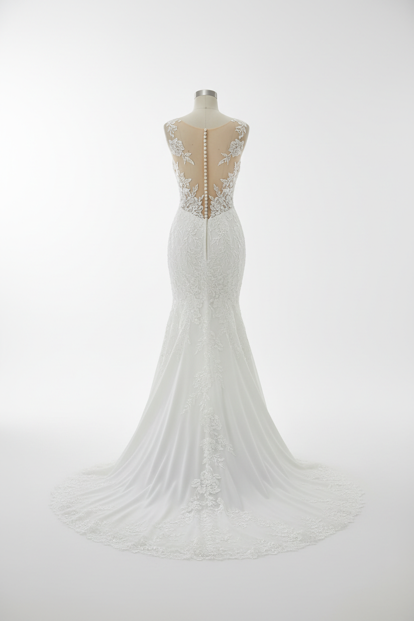 Robe de mariée sirène luxueuse en crêpe premium avec détail dos boutonnière