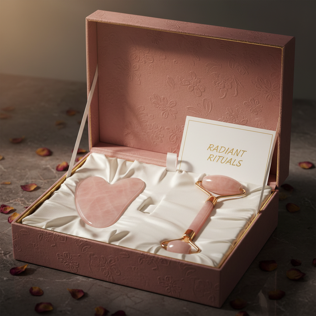 Écrin cadeau luxe avec set gua sha roller quartz rose présentation