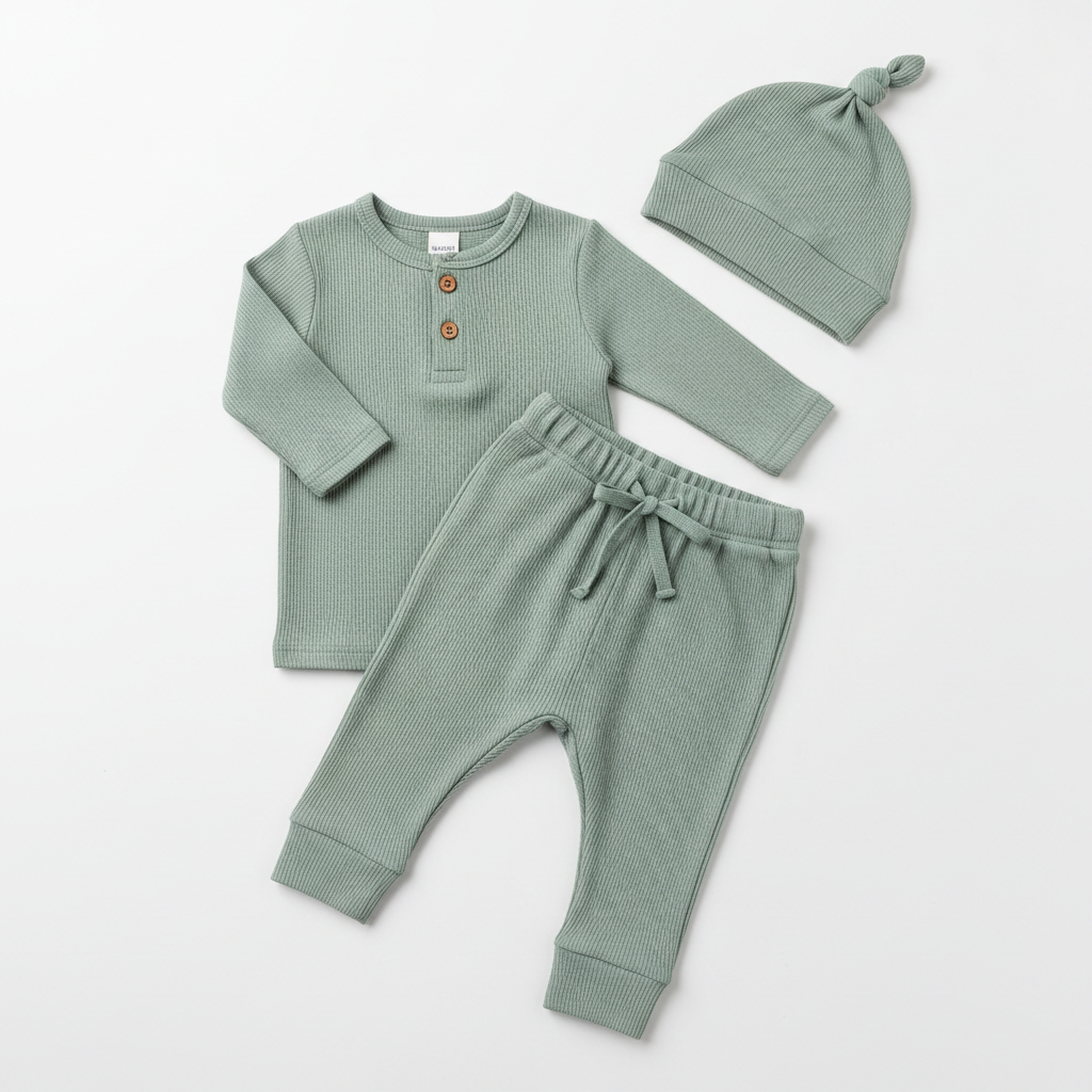 Ensemble complet bébé 3 pièces vert sauge en coton biologique