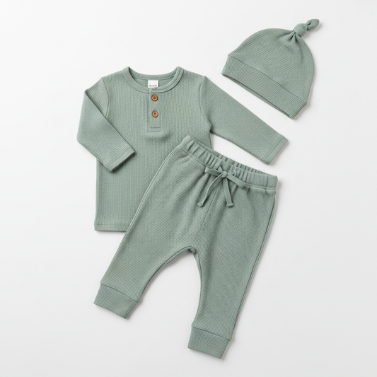 Ensemble complet bébé 3 pièces vert sauge en coton biologique