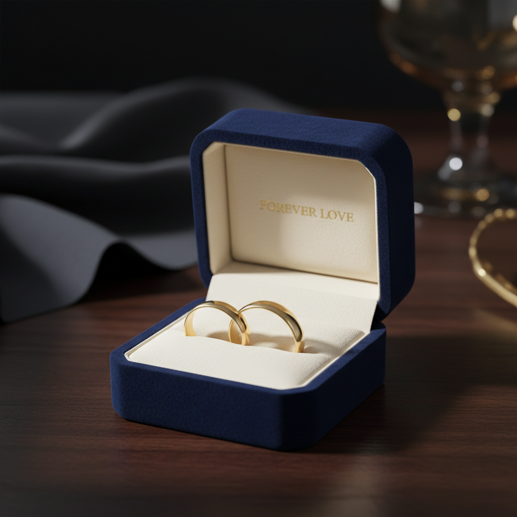 Écrin de luxe avec paire alliances classiques or pour couple
