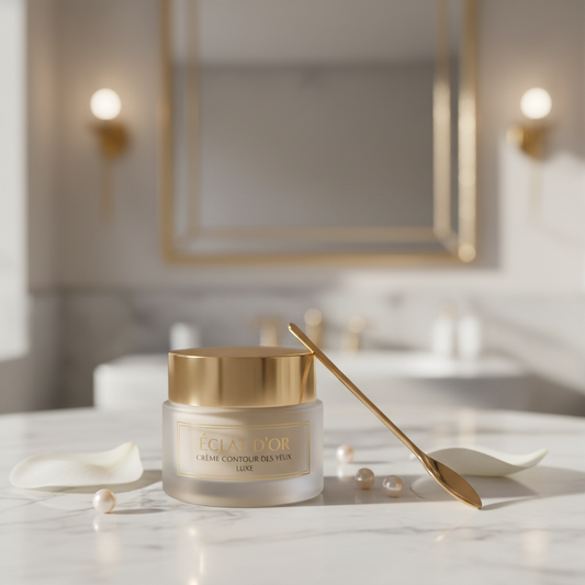 Crème contour yeux luxueuse peptides et or en pot verre avec spatule dorée
