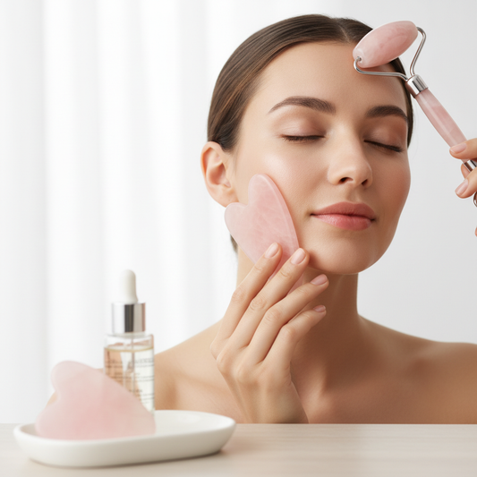 Set gua sha et roller quartz rose utilisé sur visage massage facial