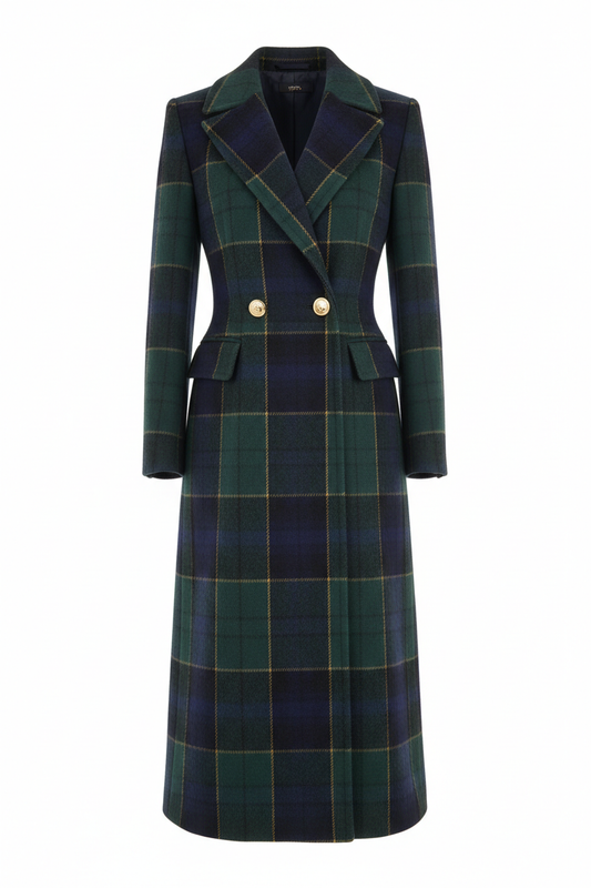 Manteau tartan luxueux pour femme en laine écossaise premium, coupe taillée élégante