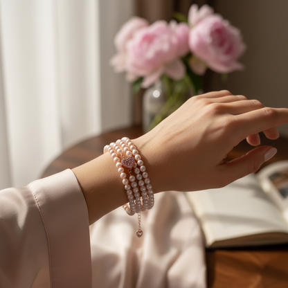 Bracelet perles roses porté