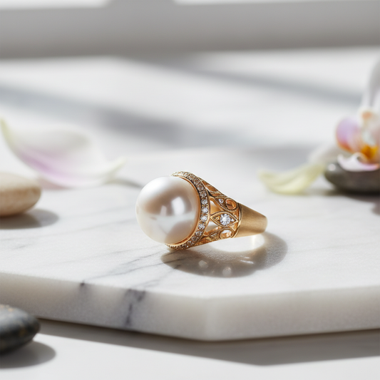 Bague perle luxe sur marbre blanc