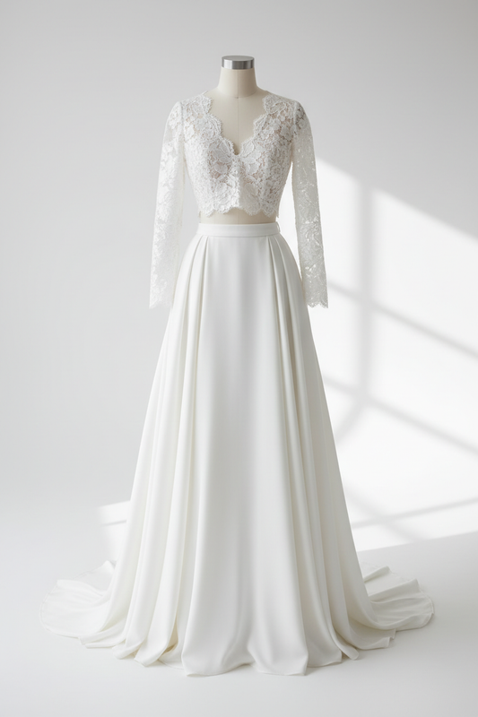 Robe de mariée deux pièces luxueuse top crop dentelle et jupe soie volumineuse