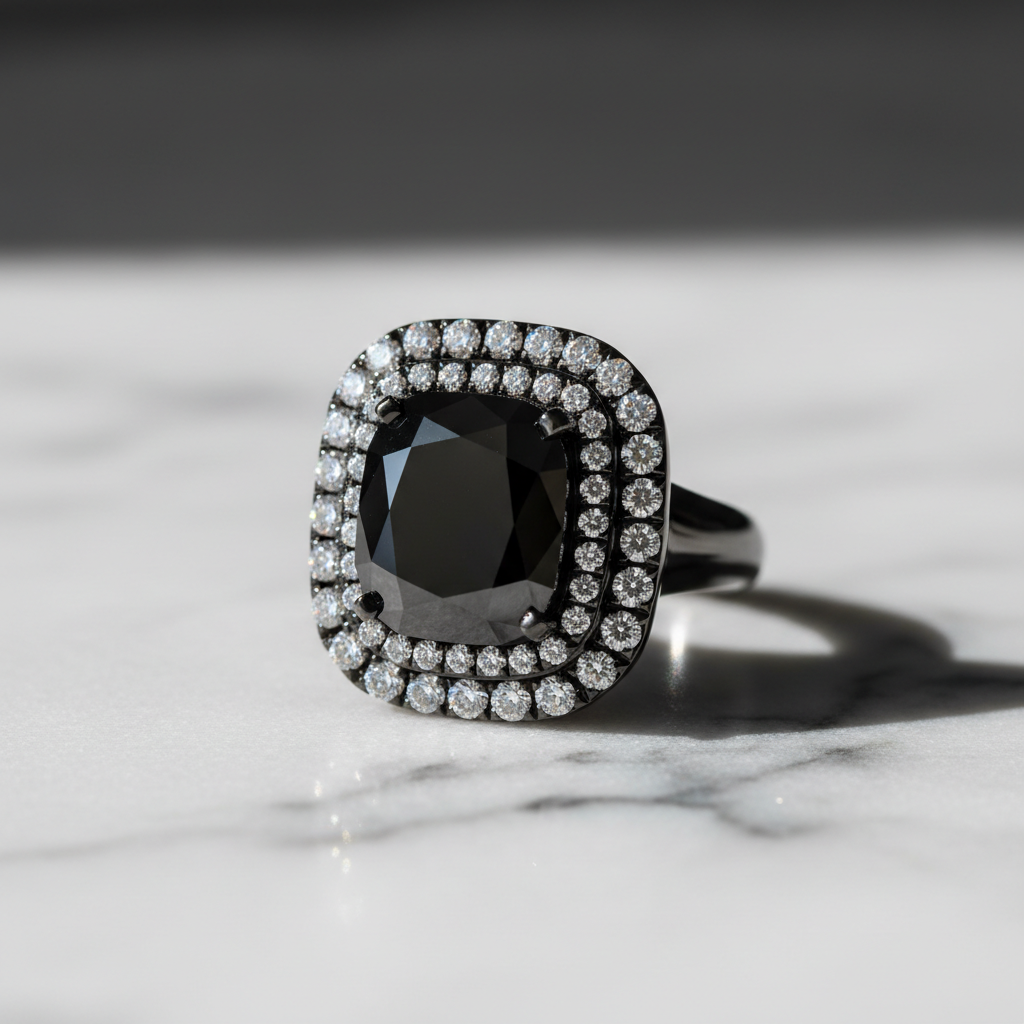 Bague grande parure diamant noir sur marbre blanc