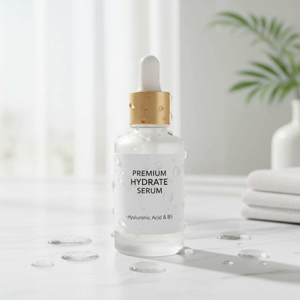 Flacon de sérum acide hyaluronique sur marbre avec gouttes d'eau