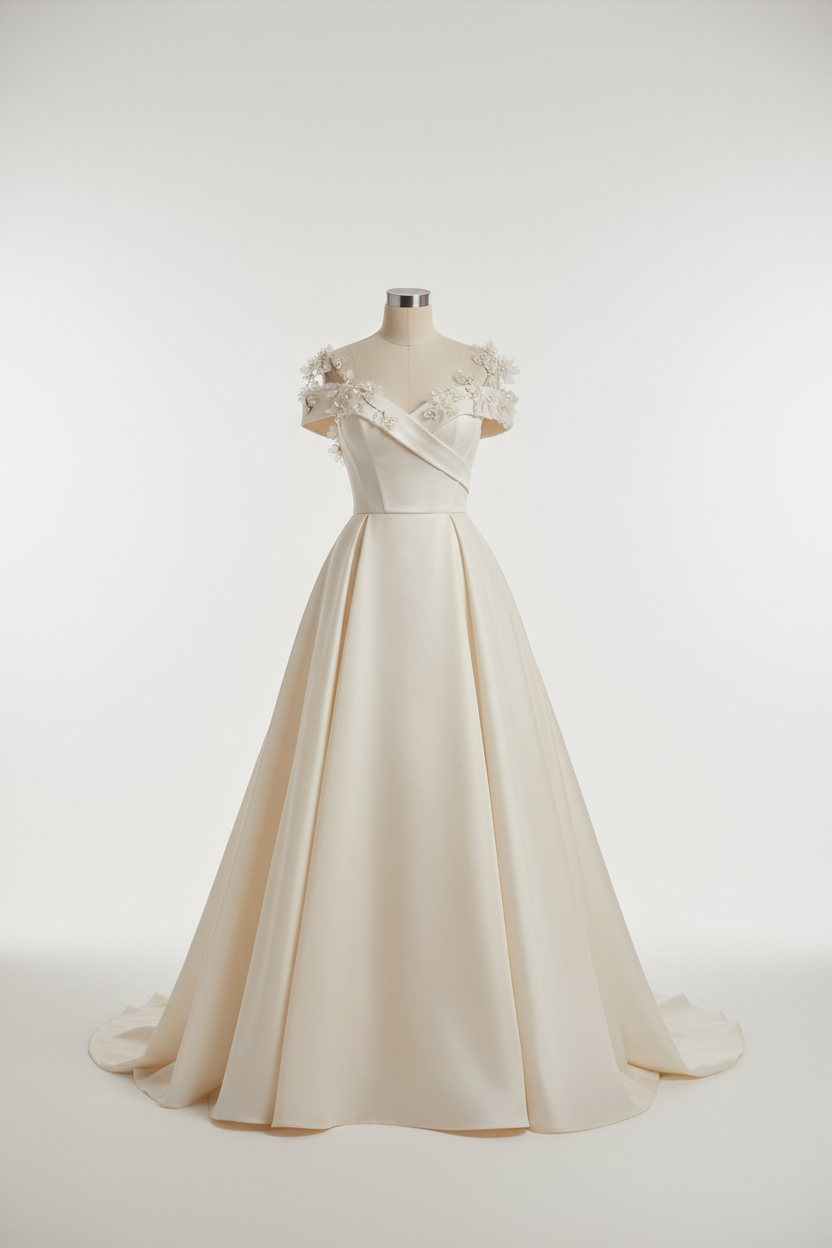 Robe de mariée épaules dénudées luxueuse en organza avec appliques florales 3D