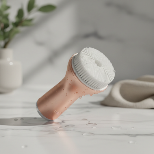 Brosse nettoyante faciale premium sur marbre avec gouttes d'eau