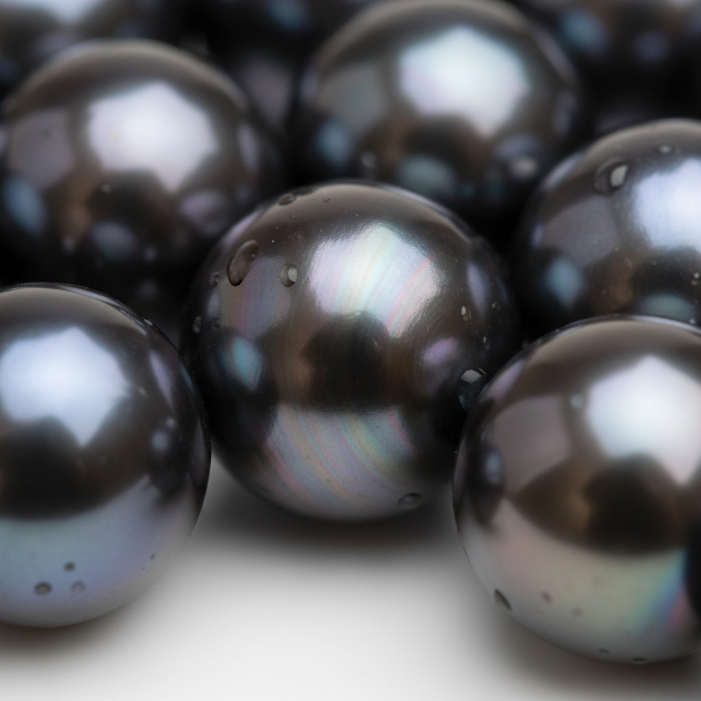 Détail perles noires iridescentes